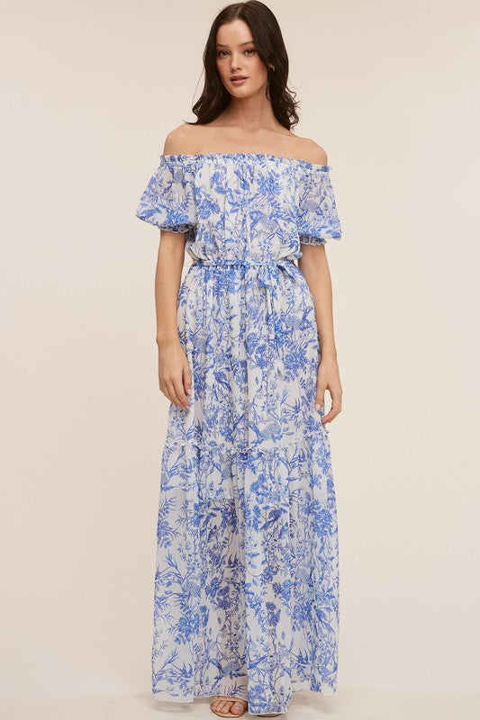 Botanical Off The Shoulder Dress - White/Blue