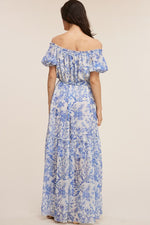 Botanical Off The Shoulder Dress - White/Blue