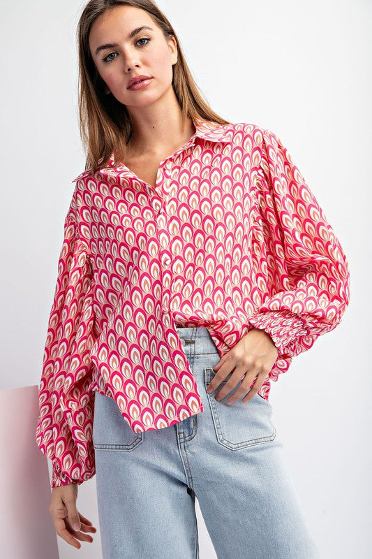 Flame Print Bubble Sleeve Top - Hot Pink