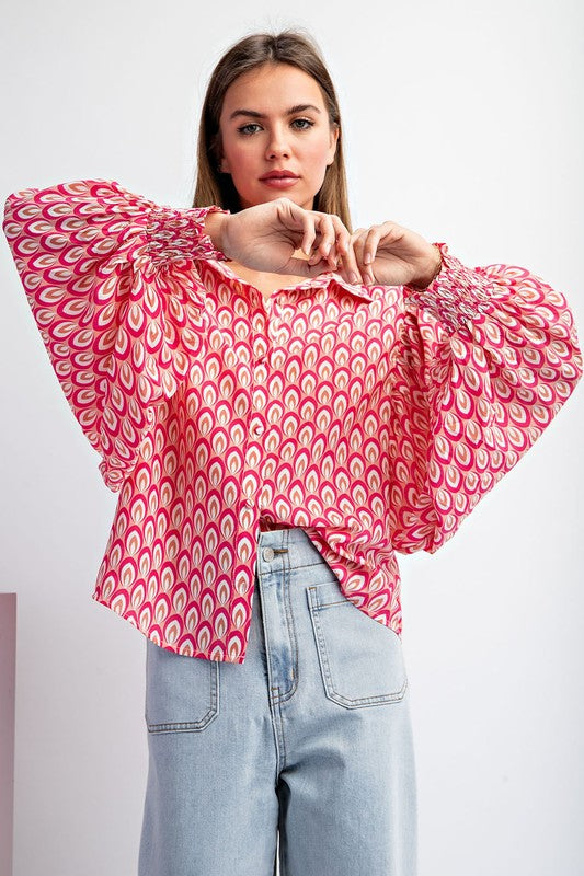 Flame Print Bubble Sleeve Top - Hot Pink