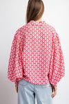 Flame Print Bubble Sleeve Top - Hot Pink