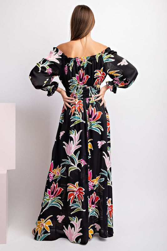 Off The Shoulder Floral Dress - Black/Multi