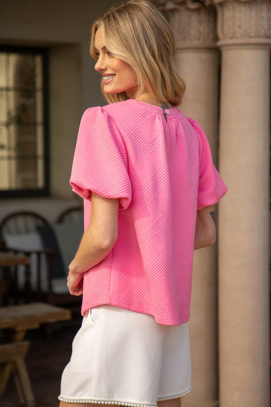 Textured Bubble Short Sleeve Top - Pink