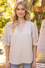 Ruffled V-Neck Textured Top - Cream