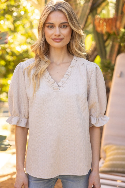 Ruffled V-Neck Textured Top - Cream