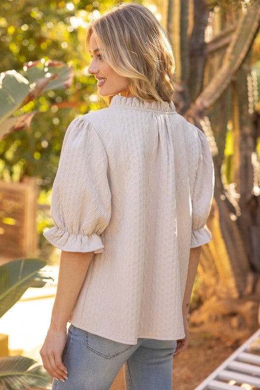 Ruffled V-Neck Textured Top - Cream