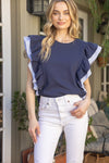 Striped Ruffle Detail Top - Navy