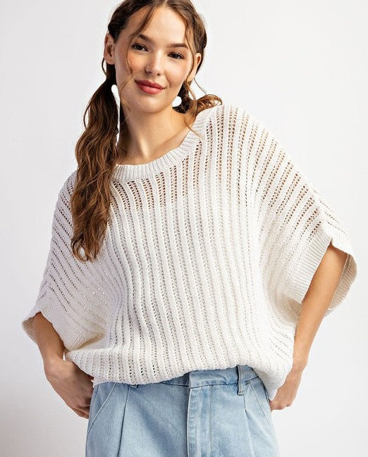 Loose Fit Open Knit Top - Off White