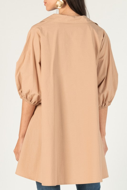 Poplin Puff Sleeve Tunic Top - Latte