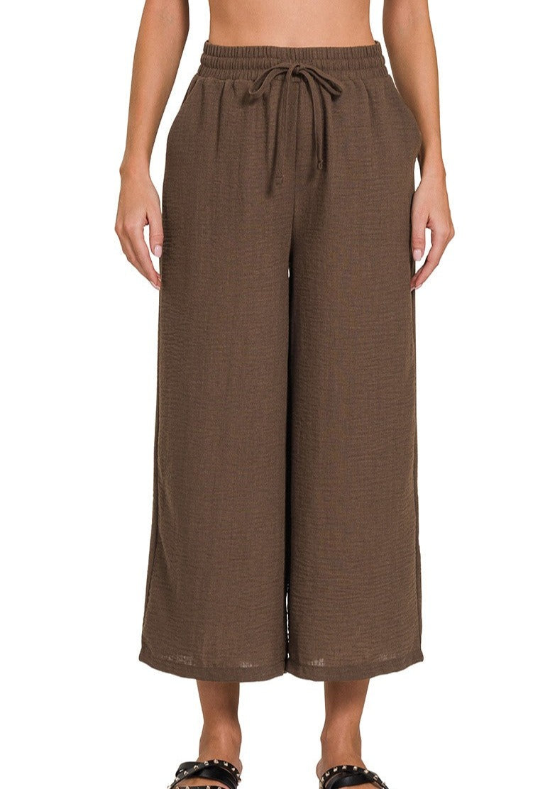 Drawstring Wide Leg Crinkle Pant - Chocolate