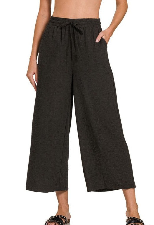 Drawstring Wide Leg Crinkle Pant - Black