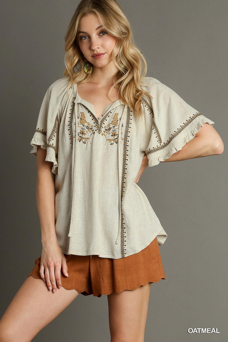 Trim Front Tie Embroidery Top - Oatmeal