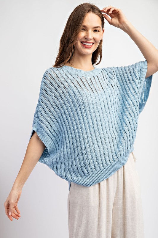 Loose Fit Open Knit Top - Pale Blue