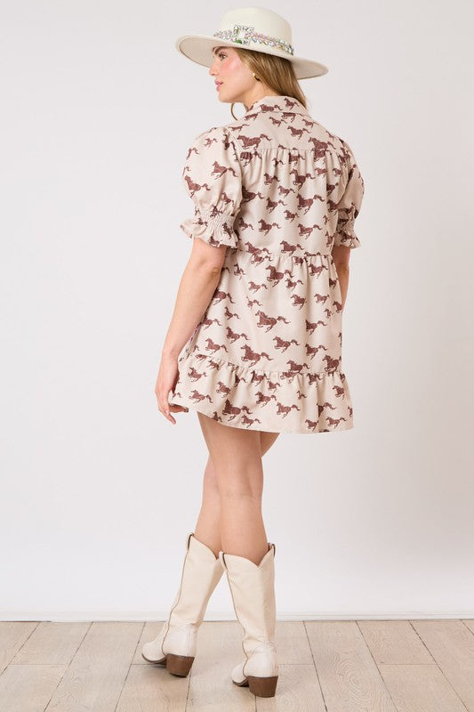 Horse Printed Poplin Shirt Dress - Bone