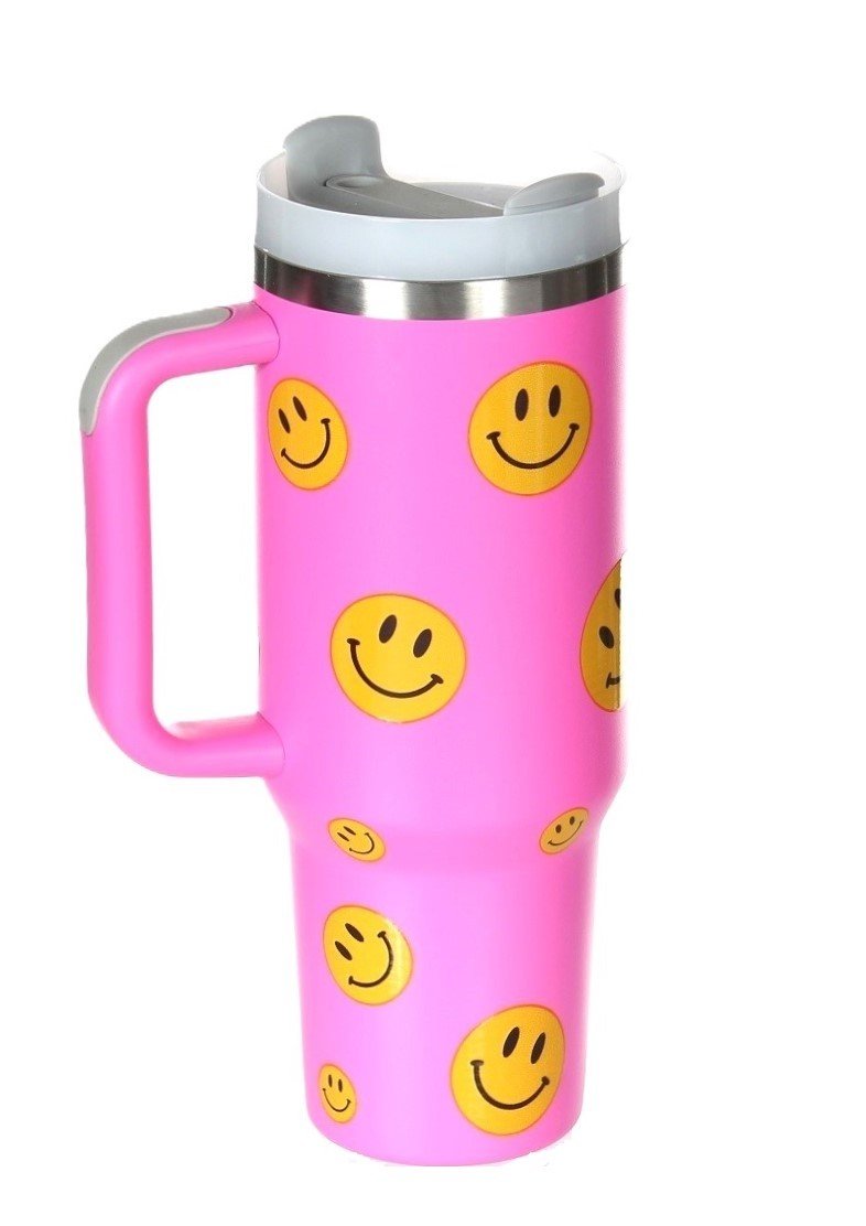 40 oz. Handle Happy Face Tumbler - Hot Pink