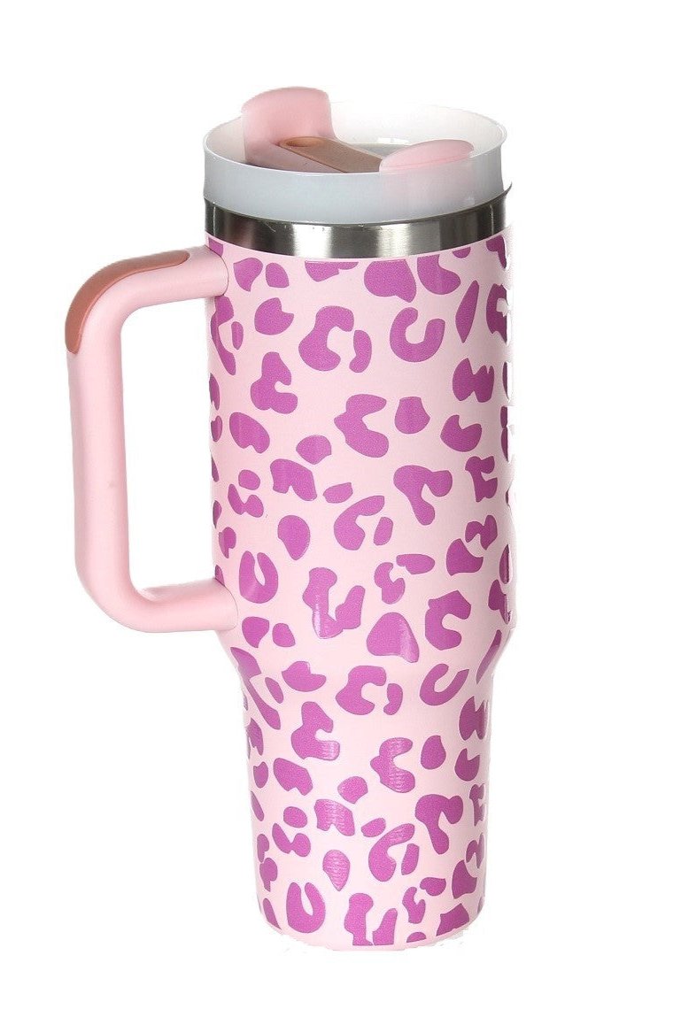 40 oz. Handle Leopard Tumbler - Pink