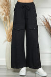 Drawstring Ribbed Pocket Pants - Black