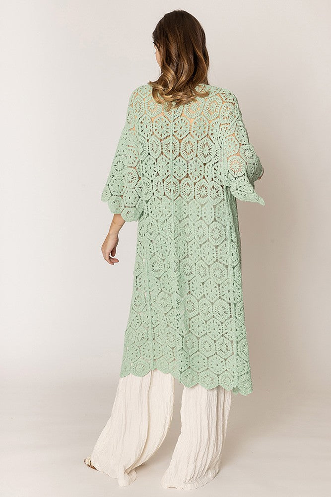 Geometric Pattern Crochet Long Cardigan - Sage