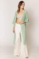 Geometric Pattern Crochet Long Cardigan - Sage