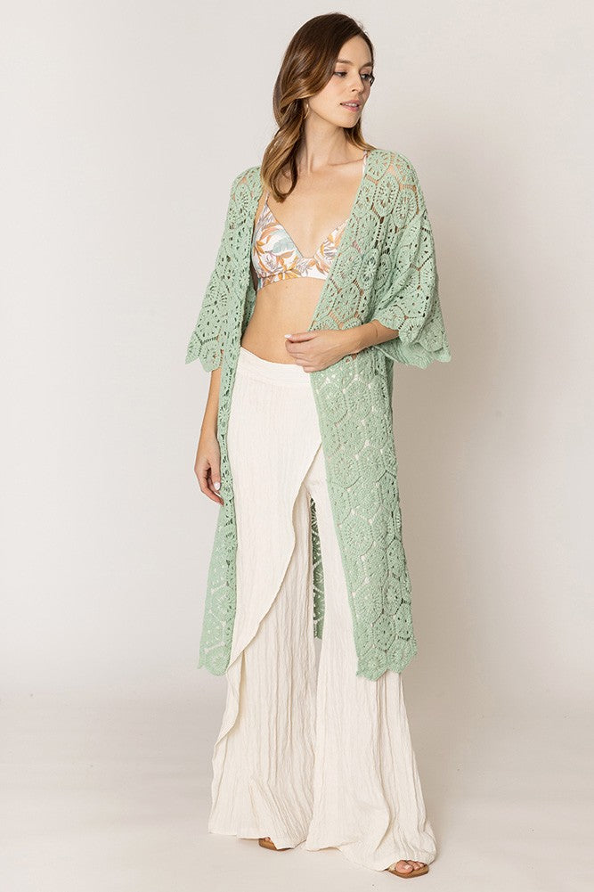 Geometric Pattern Crochet Long Cardigan - Sage