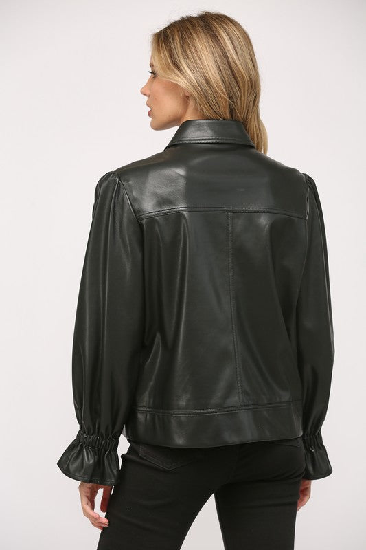 Puff Sleeve Faux Leather Jacket - Black