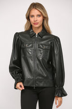 Puff Sleeve Faux Leather Jacket - Black