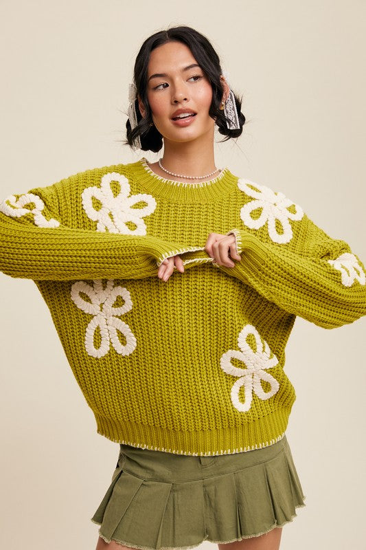 Flower Detail Chunky Sweater - Pistachio