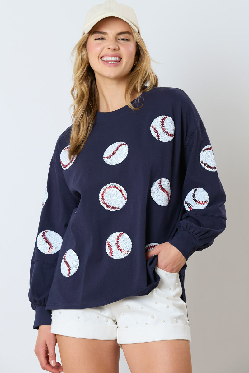 Sequin Baseball Long Sleeve Top - Navy