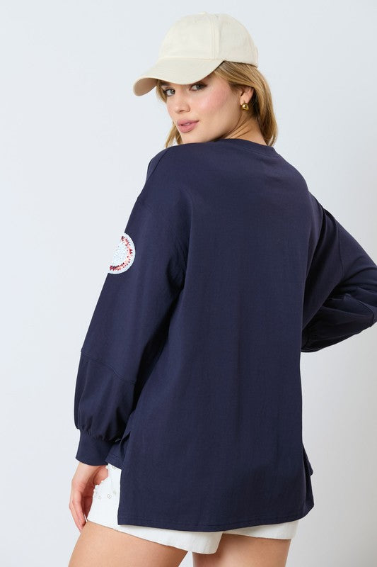 Sequin Baseball Long Sleeve Top - Navy