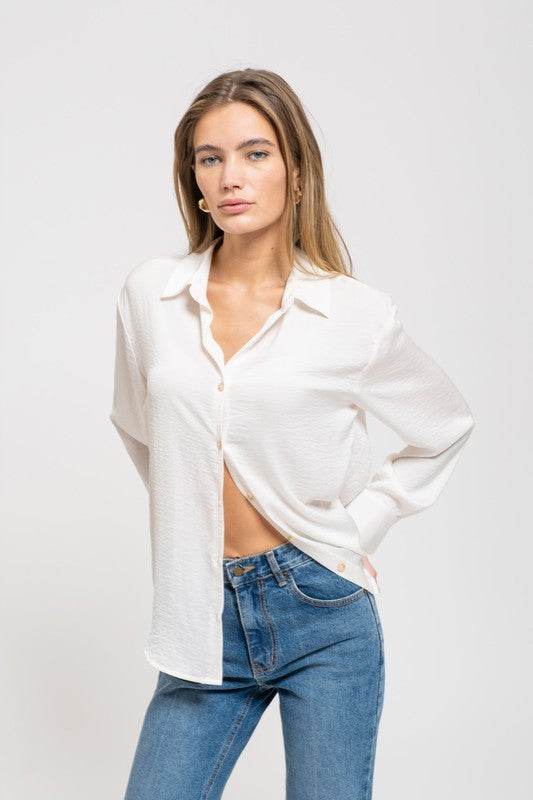 Textured Satin Button Down Top - Ivory