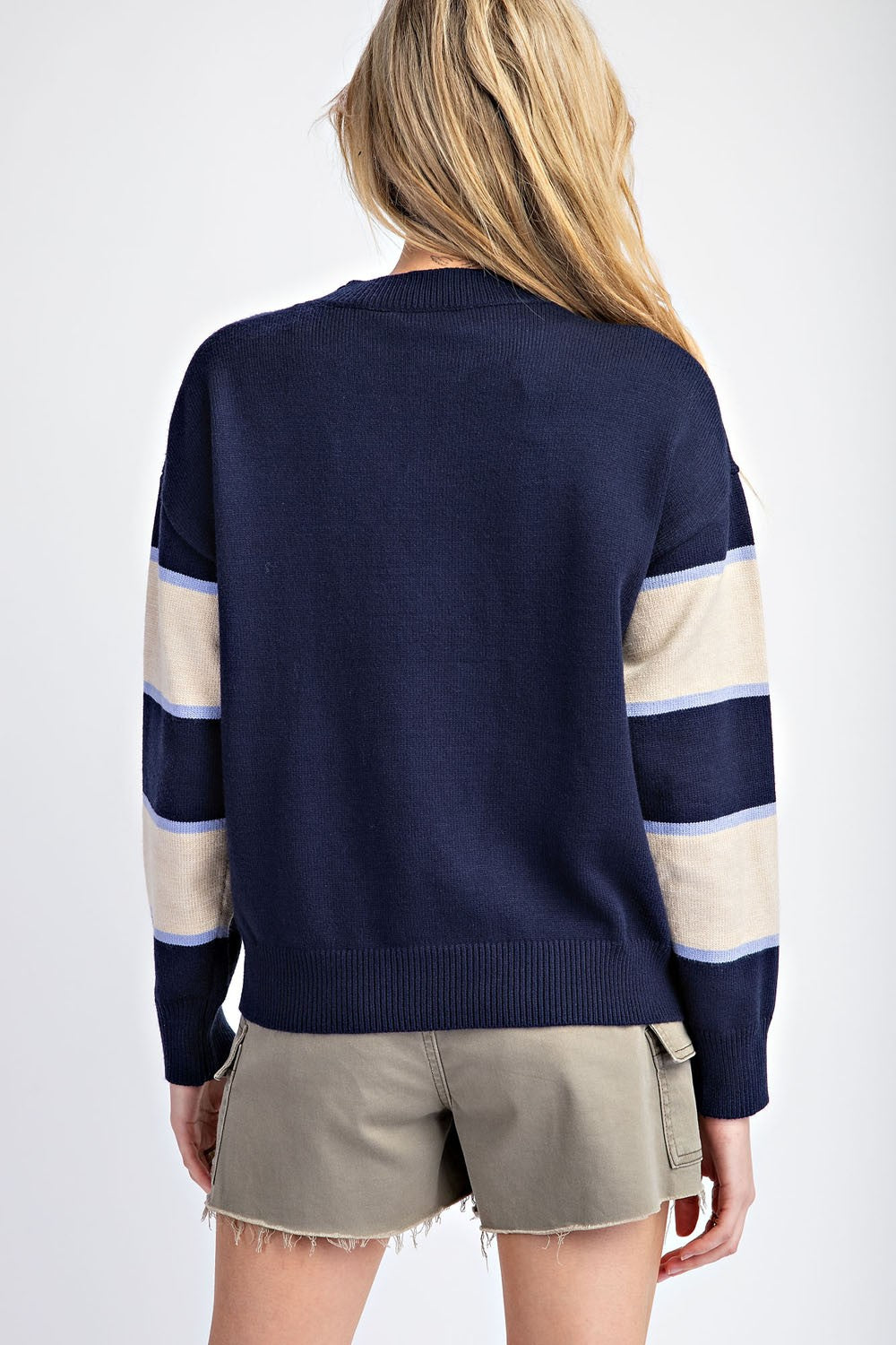 Striped Sleeve Flower Sweater - Navy