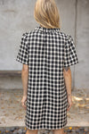 Plaid Tweed V-Neckline Dress - Black