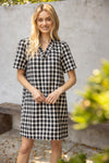 Plaid Tweed V-Neckline Dress - Black