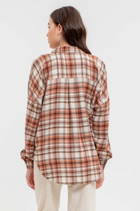 Collared Button-Down Plaid Top - Terracotta