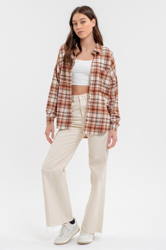 Collared Button-Down Plaid Top - Terracotta