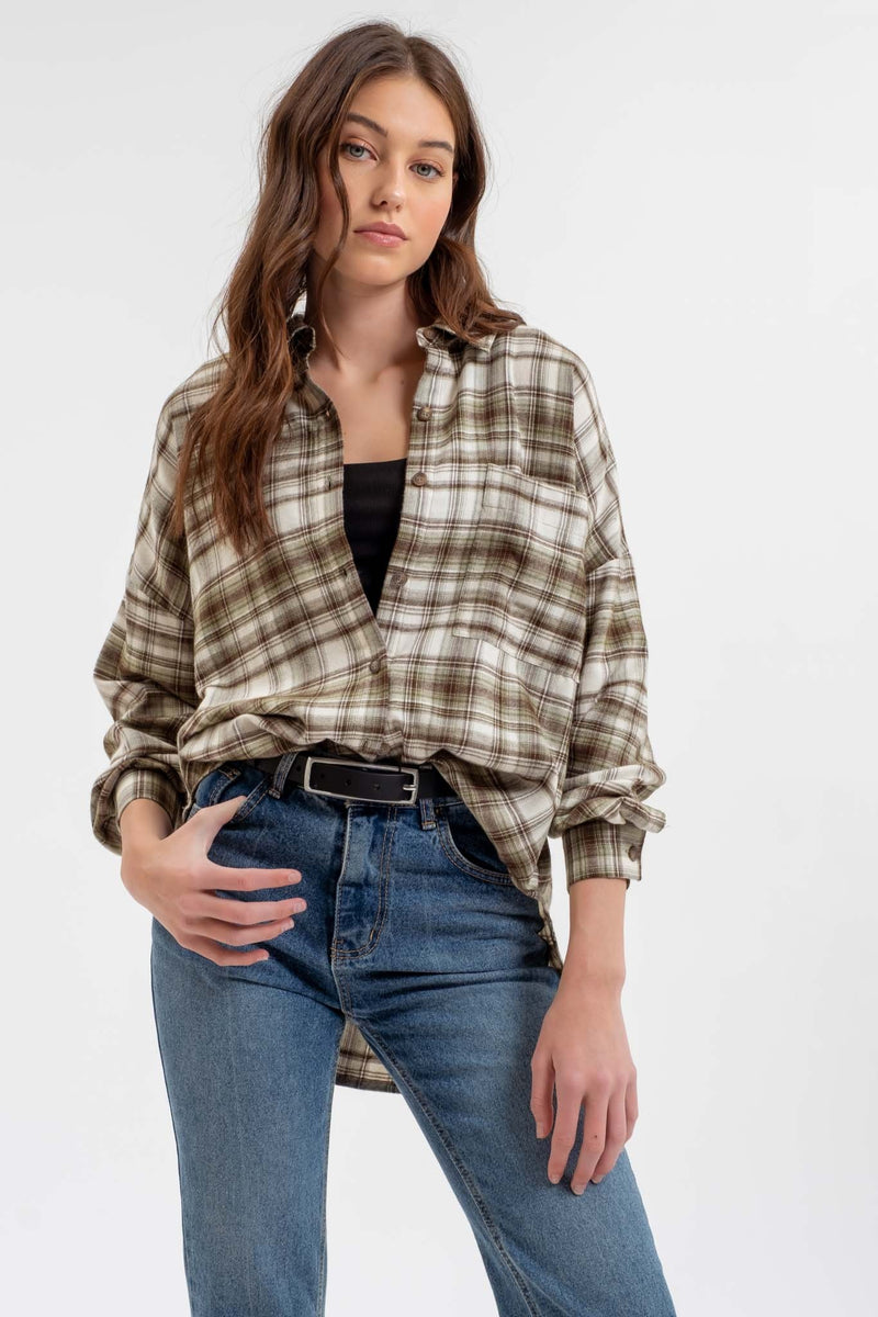 Collared Button-Down Plaid Top - Olive