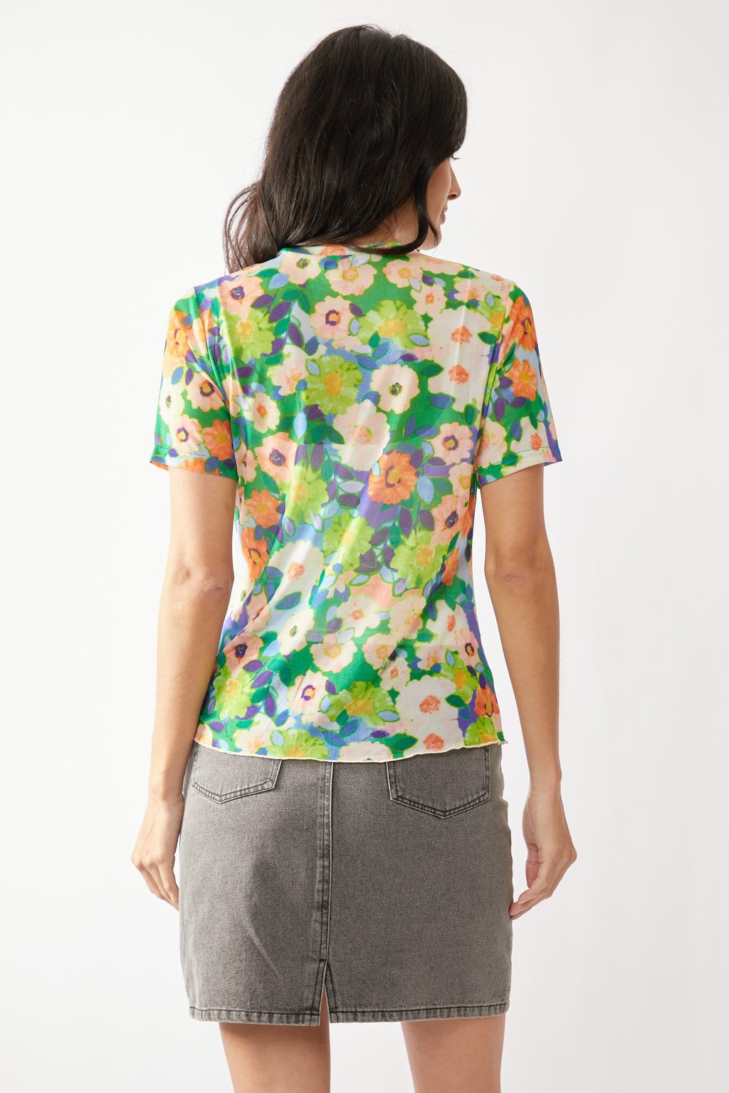 Summer Flower Mesh Short Slv Top - Green