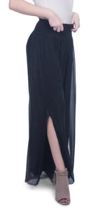 Chiffon Flowy Slit Pants - Black