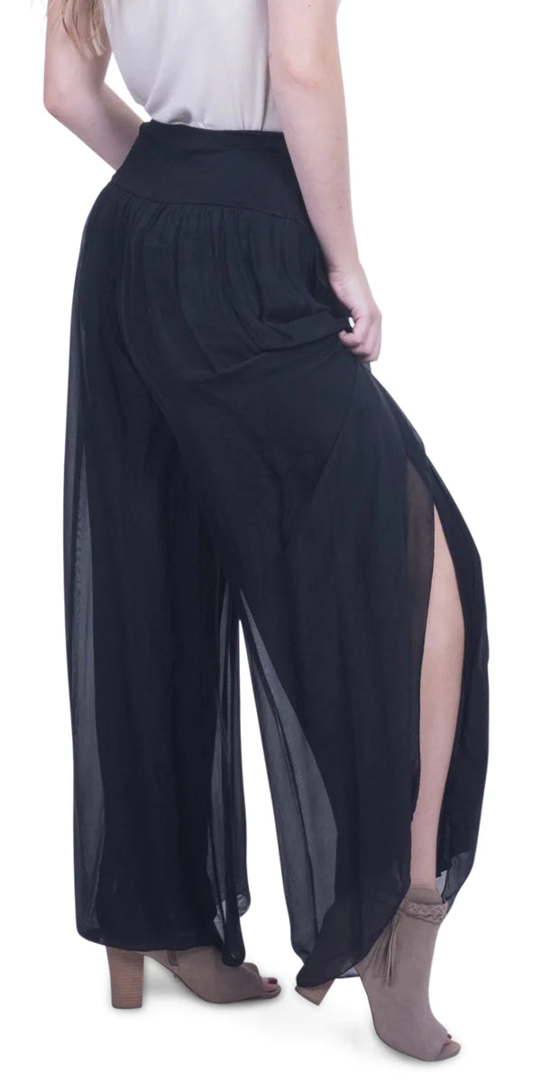 Chiffon Flowy Slit Pants - Black