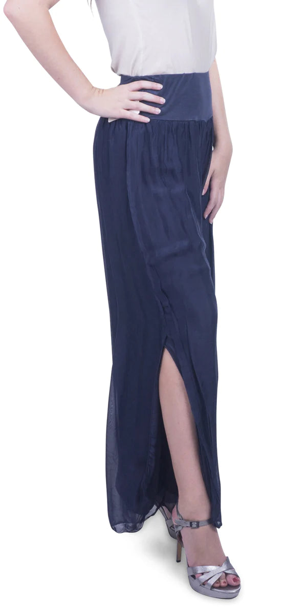 Chiffon Flowy Slit Pants - Navy