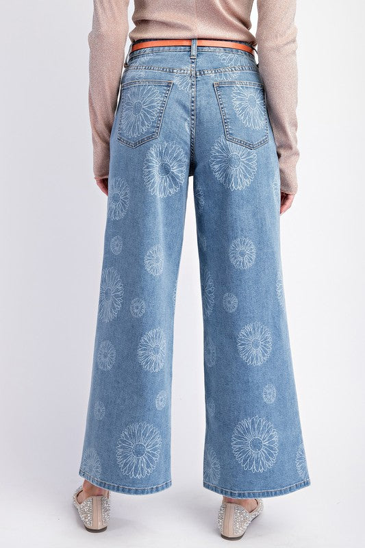 Floral Print Wide Leg Denim Pant - Med. Denim