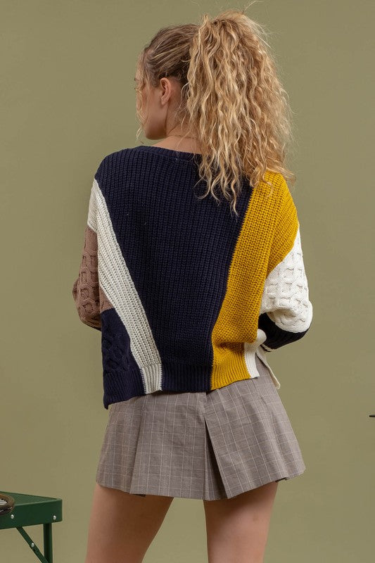 Cable Knit Colorblock Sweater - Navy