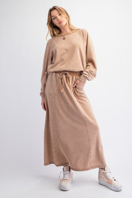 Mineral Washed Terry Maxi Skirt - Camel