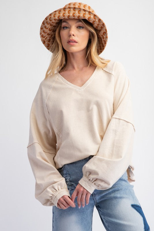 V-Neck Terry Knit Top - Ecru