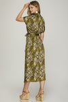 Button Down Floral Print Midi Dress - Olive