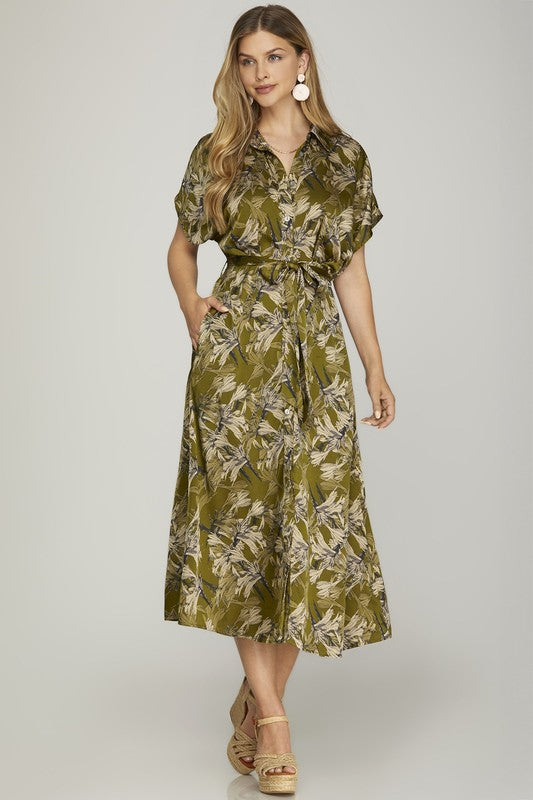 Button Down Floral Print Midi Dress - Olive