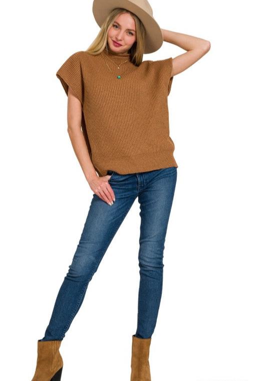 Power Shoulder Mock Neck Top - Dk Camel