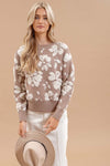 Distressed Floral Knit Crewneck Sweater - Taupe