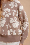 Distressed Floral Knit Crewneck Sweater - Taupe