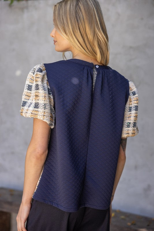 Tweed Contrast Back Top - Navy